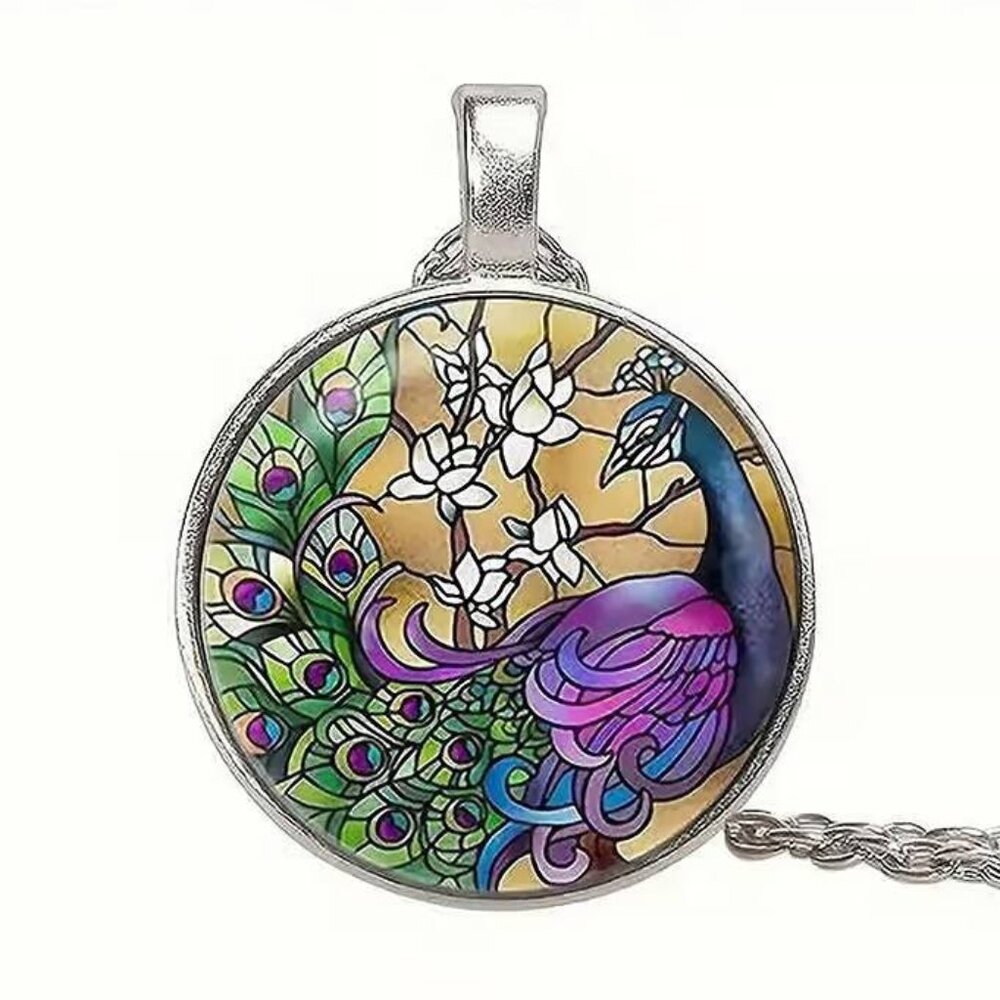 Silver PEACOCK Glass Cabochon Pendant Necklace